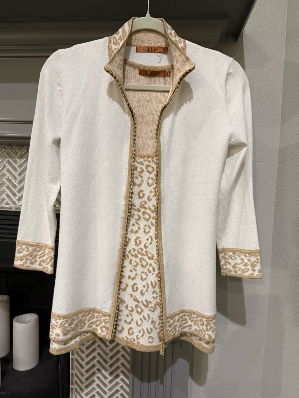 Belldini White and Tan Leopard Trim Knit Sweater Jacket